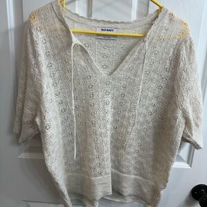 Old Navy Cream Open-Knit V-Neck Sweater Top
